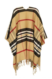 Tan Plaid Print Fringe Poncho Cardigan