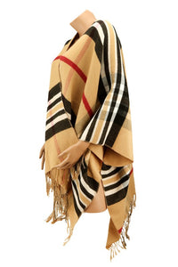 Tan Plaid Print Fringe Poncho Cardigan