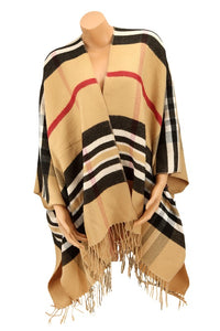 Tan Plaid Print Fringe Poncho Cardigan