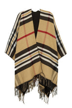 Load image into Gallery viewer, Tan Plaid Print Fringe Poncho Cardigan