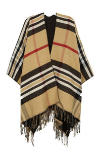 Tan Plaid Print Fringe Poncho Cardigan