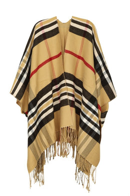 Tan Plaid Print Fringe Poncho Cardigan