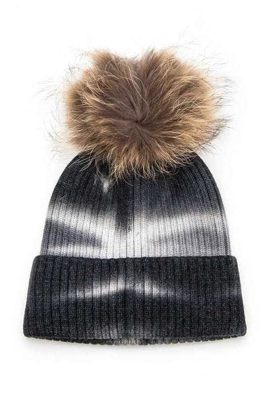 Tie Dyed Natural Natural Genuine Fur Pom Beanie