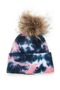 Tie Dyed Natural Natural Genuine Fur Pom Beanie