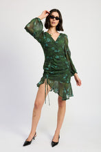 Load image into Gallery viewer, V NECK ASYMMETRICAL RUCHED MINI DRESS