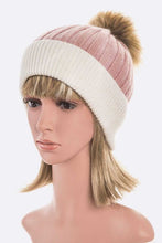 Load image into Gallery viewer, Raccoon Fur PomPom 2 Tone Beanie