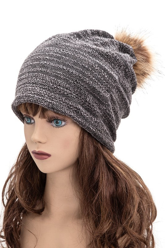 Faux Fur Pom Cotton Blend Slouchy Beanie