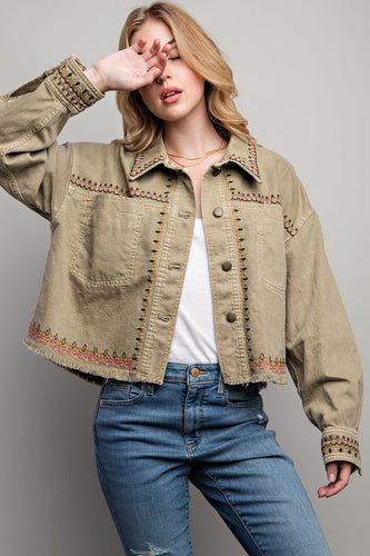 Embroidered Khaki Wash Cotton Jacket