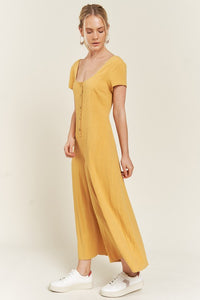 Plus Size Mustard Yellow Linen Button Down Wide Leg Jumpsuit