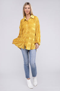 Wrinkle Effect Tiered Shirring Mustard Velvet Shirt