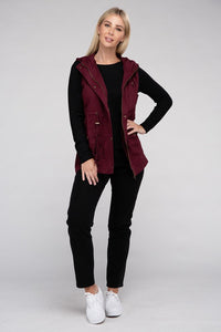 Burgundy Red Drawstring Waist Military Style Hoodie Vest