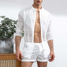 Load image into Gallery viewer, Men&#39;s Blue Hollow Long Sleeve Button Down Shirt &amp; Shorts Set