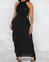 Load image into Gallery viewer, Modern Fringe Black Halter Sleeveless Maxi Dress