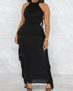 Modern Fringe Black Halter Sleeveless Maxi Dress