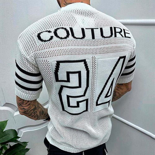 Men's White Couture Crewneck Knit Short Sleeve Sweater