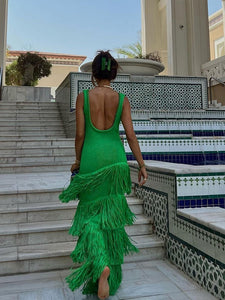 Italian Knit Green Fringe Sleeveless Maxi Dress