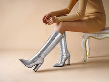 Load image into Gallery viewer, Snakeskin Silver Iconic Pointed Toe Thigh High Boots