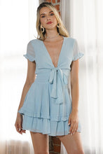 Load image into Gallery viewer, Pretty V Neck Steel Blue Tiered Mini Romper