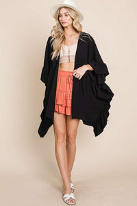 Black Wide Sleeves Ruffle Kimono Cardigan