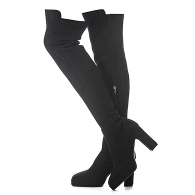 3.5 Inch Heel Black Thigh High Suede Over The Knee Stretch Boot