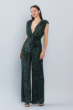 Load image into Gallery viewer, London Chic Emerald Green Deep V Power Shoulder Sequined Jumpsuit