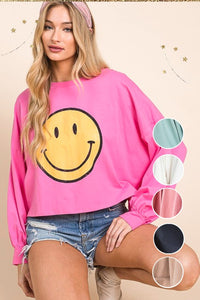 Smiley Face Mocha Long Sleeve Crop Top