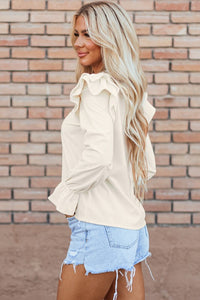 Beige Ruffled Flounce Sleeve Corduroy Blouse