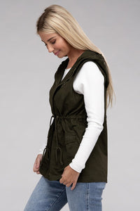 Black Drawstring Waist Military Style Hoodie Vest