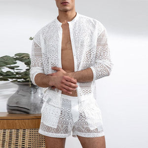 Men's Blue Hollow Long Sleeve Button Down Shirt & Shorts Set