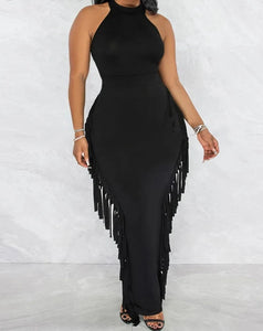 Modern Fringe Black Halter Sleeveless Maxi Dress