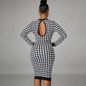 French Houndstooth Checkered Long Sleeve Midi Dress