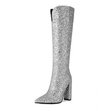 Glitter Sequin Silver Iconic Pointed Toe Thigh High Boots
