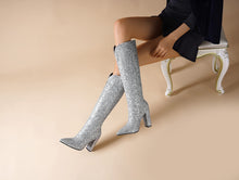 Load image into Gallery viewer, Glitter Sequin Silver Iconic Pointed Toe Thigh High Boots