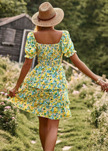 Load image into Gallery viewer, Boho Floral Yellow Square Neck Short Sleeve Dress