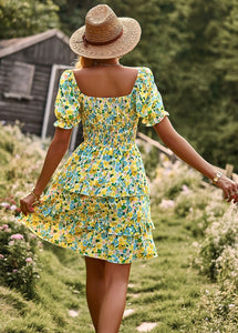 Boho Floral Yellow Square Neck Short Sleeve Dress