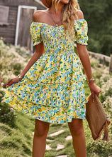 Load image into Gallery viewer, Boho Floral Yellow Square Neck Short Sleeve Dress