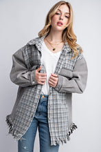 Load image into Gallery viewer, Tweed Mixed Charcoal Denim Jacket with Fringed Hem