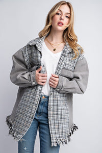 Tweed Mixed Charcoal Denim Jacket with Fringed Hem