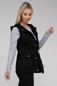 Black Drawstring Waist Military Style Hoodie Vest