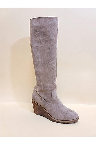 Taupe Suede Knee High Wedge Boots