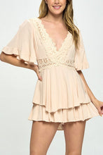 Load image into Gallery viewer, Beige Ruffle Sleeved Short Romper with Crochet Trim