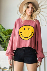 Smiley Face Mocha Long Sleeve Crop Top