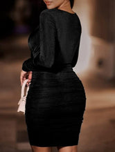 Load image into Gallery viewer, Plus Size Black Wrap &amp; Ruched Long Sleeve Mini Dress