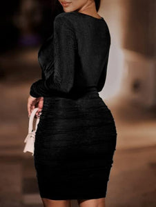 Plus Size Black Wrap & Ruched Long Sleeve Mini Dress