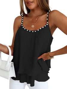 Pearl Studded Peach Layered Sleeveless Camisole Top