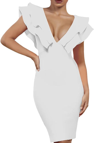 Effortless White Ruffled Deep V Mini Dress