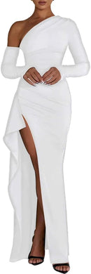 Asymmetrical Goddess White One Shoulder Sleeve Maxi Dress