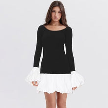 Load image into Gallery viewer, Black-White Crew Neck Puffy Long Sleeve Mini Dresses