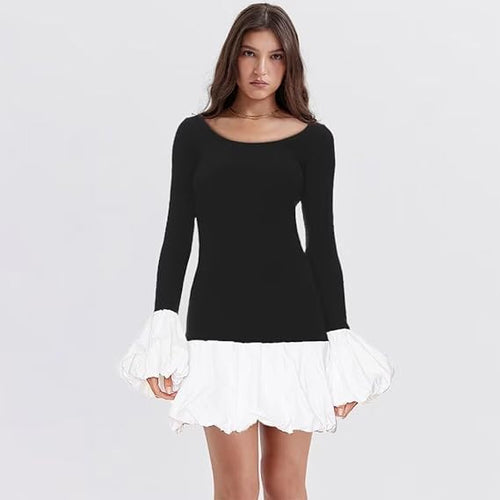 Black-White Crew Neck Puffy Long Sleeve Mini Dresses