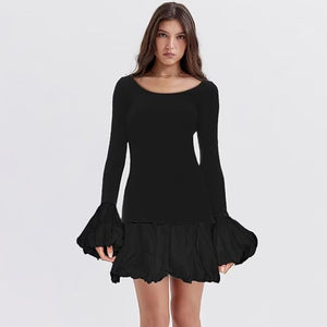 Black-White Crew Neck Puffy Long Sleeve Mini Dresses